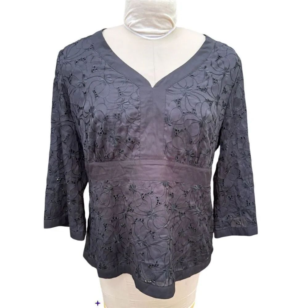 Charter Club Lace Overlay V-Neck Blouse Bell Sleeves Black Sz. 16
